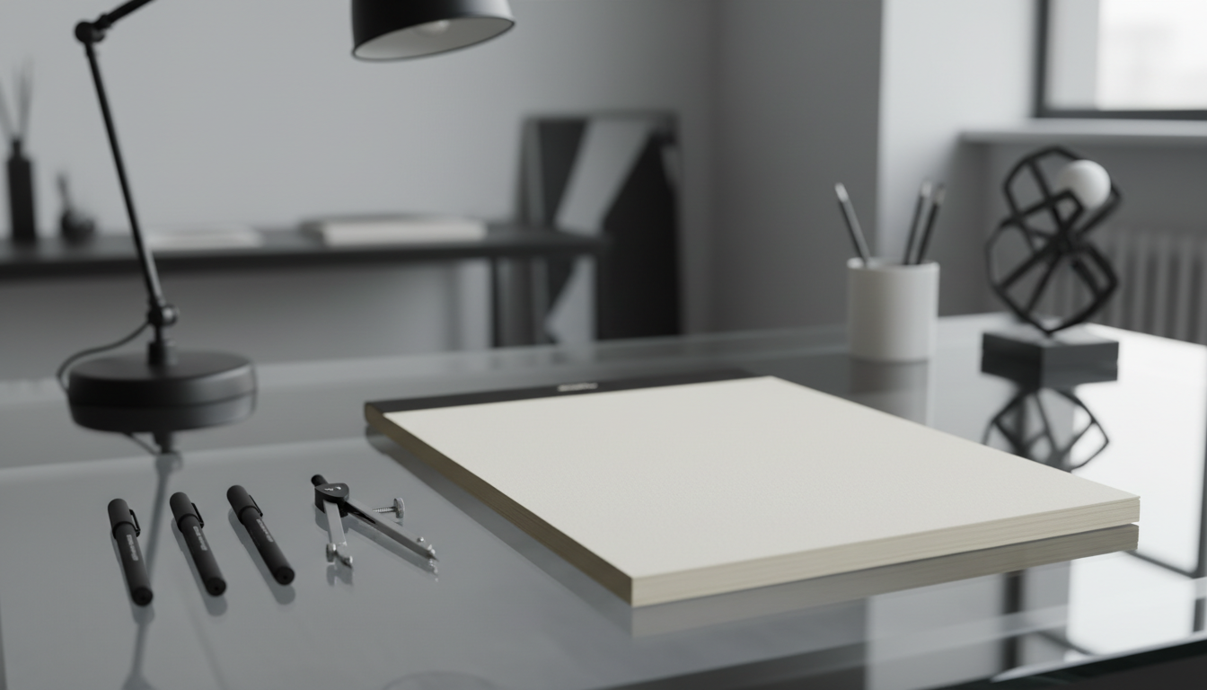 A striking, close-up shot of a premium textured sketchpad open to a blank page with crisp edges, flanked by neatly uncapped pigment liners and a steel compass. The setting is a pristine, spacious workstation with an industrial glass desk and minimal monochrome accessories in the periphery, maintaining a decluttered look. Cool, even studio lighting ensures no harsh shadows and gives the image a polished, corporate aesthetic. Captured from an eye-level angle with sharp focus throughout, the composition leverages rule of thirds, keeping the sketchpad as the focal point. The atmosphere is professional and inviting, perfectly suited for a business environment centered on quality and creativity in graphic arts.